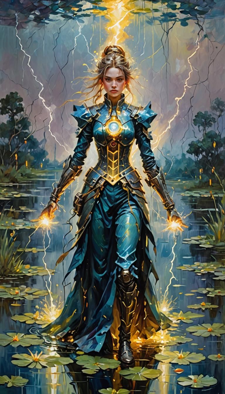 oil painting, Impressionist painting rough brushes, classical painting, canvas; portrait of electricity mage cyborg-wome...