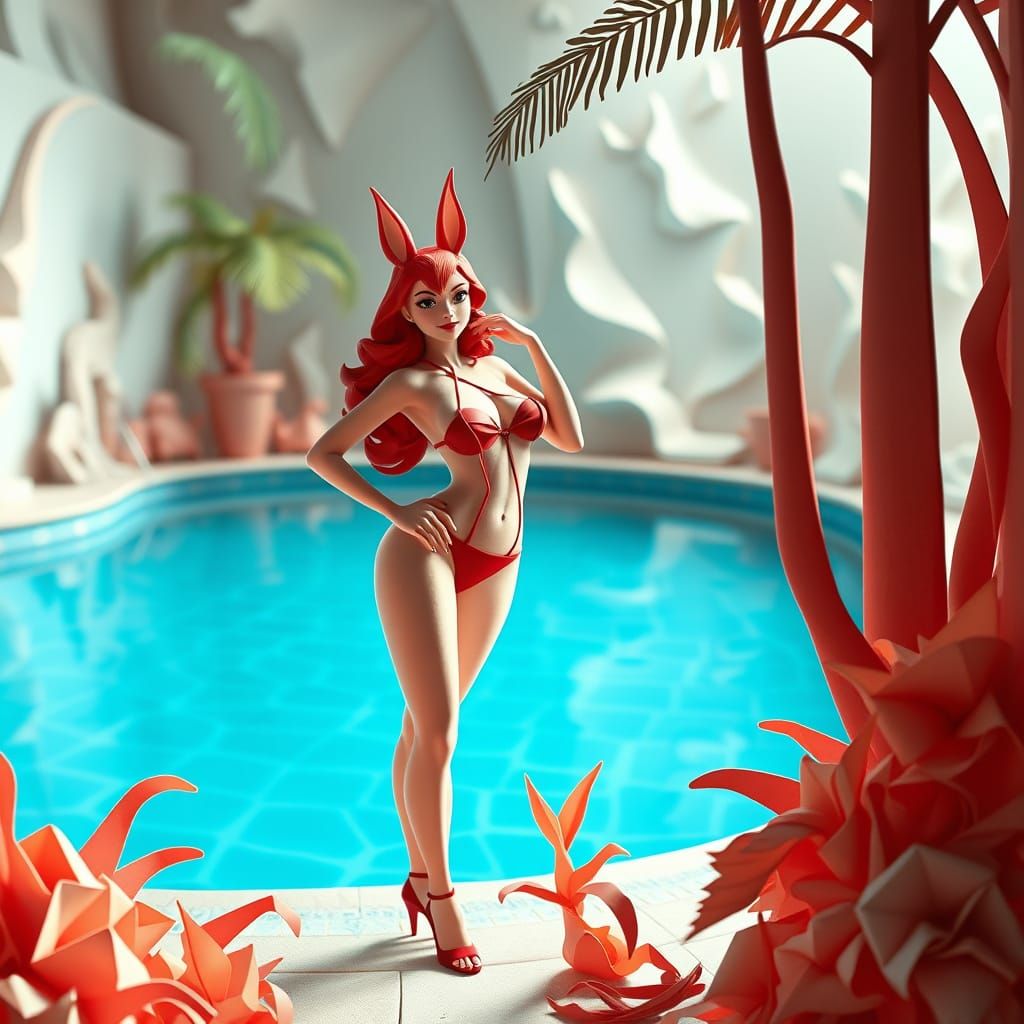 Jessica Rabbit in Red Bikini by Pool, Digital Art