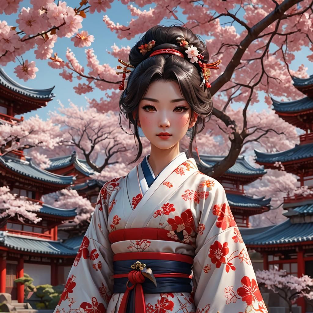 Asian Woman in Kimono at Cherry Blossom Temple
