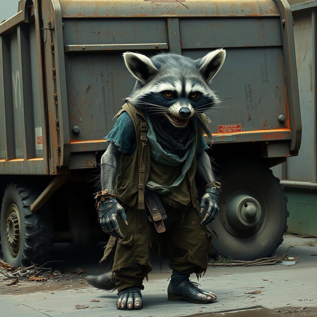 Photorealistic Zombie Raccoon by Garbage Truck