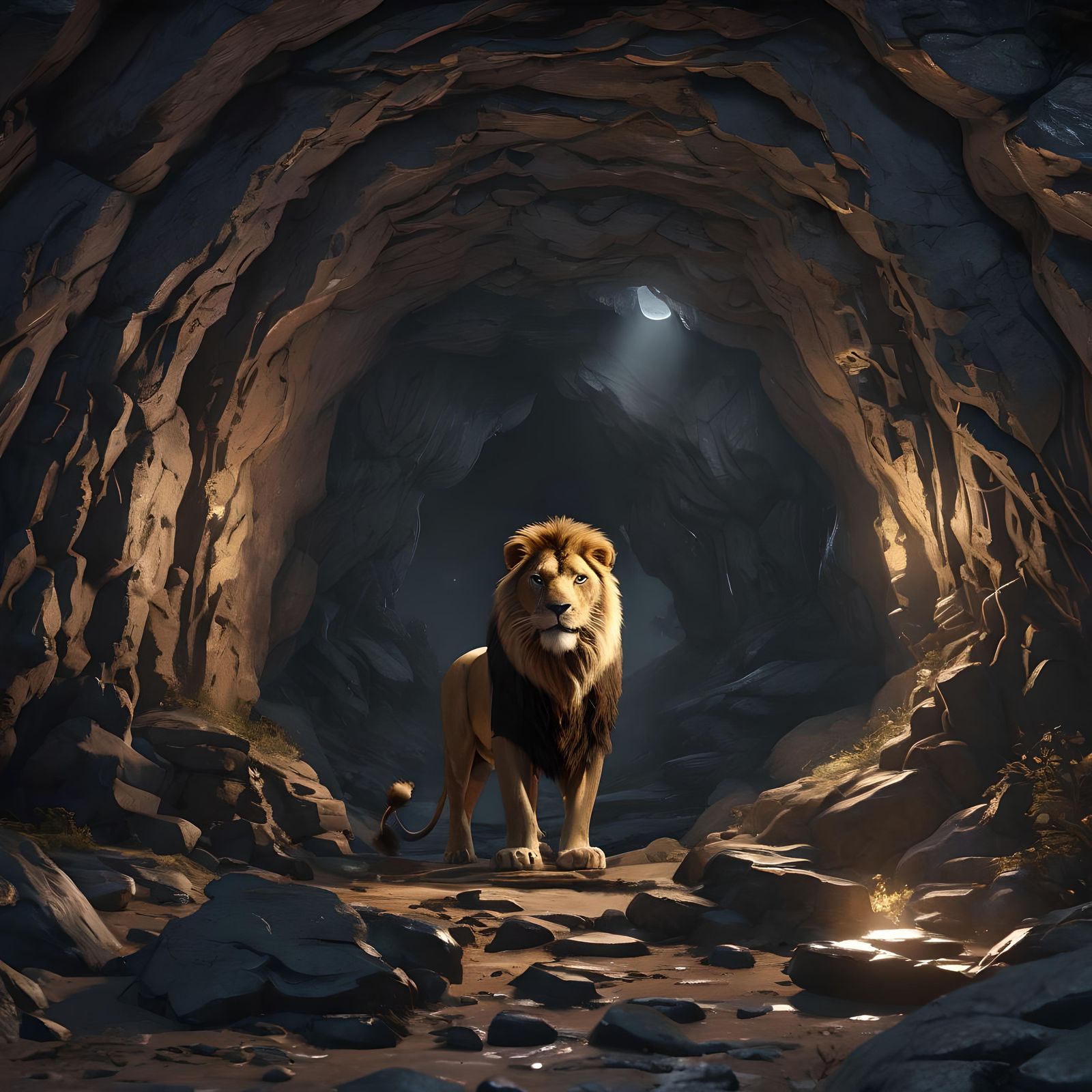 Lion Eyes in Moonlight Cave: Anime-Inspired 3D Art