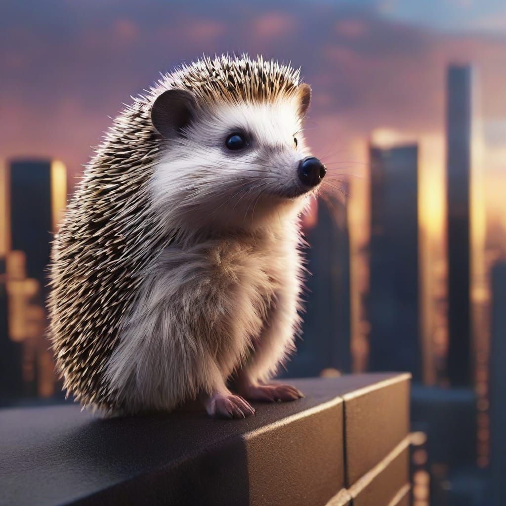 Hedgehog in Cat Costume on Rooftop