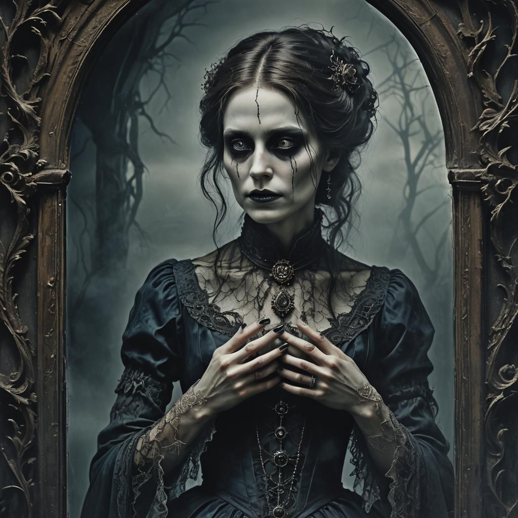 Eerie Woman Emerges from Shadows in Gothic Horror