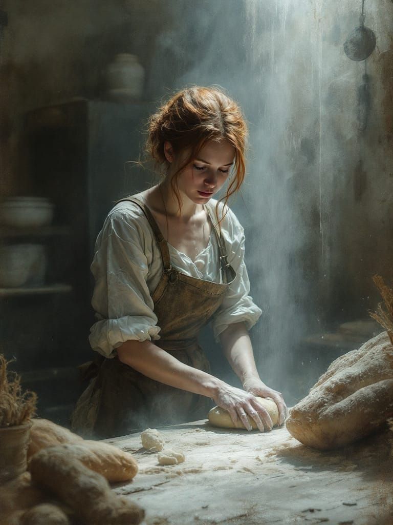 Redhead Baker Kneading Dough in Bustling Kitchen