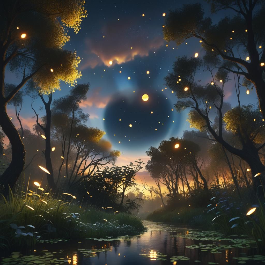 Saturn Sunset with Fireflies, in Pointillist Style