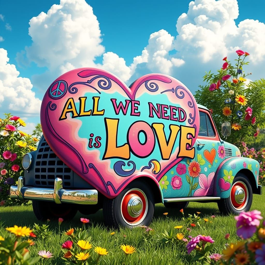 Psychedelic Heart-Shaped Truck in 3D Anime Style