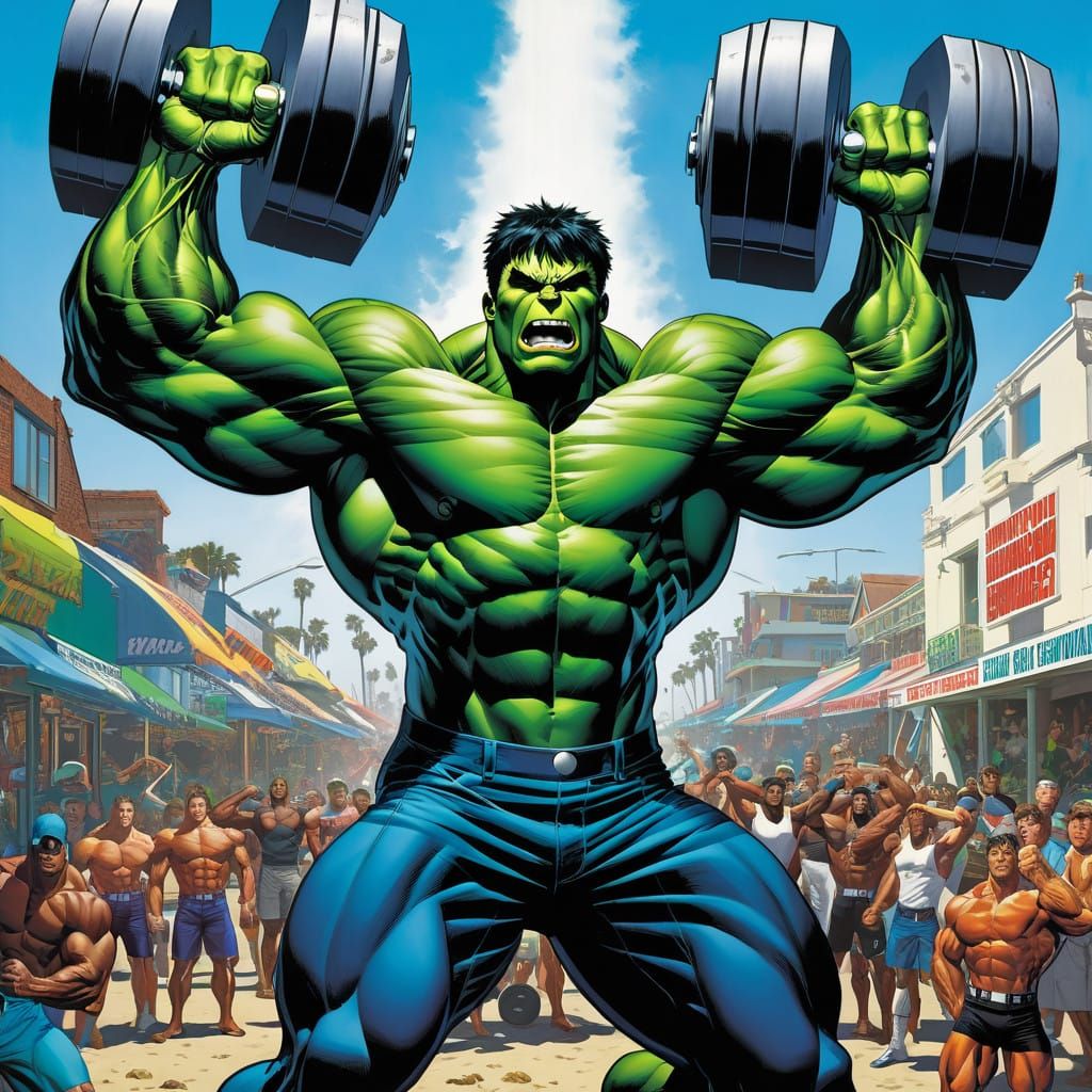 The Hulk Lifting Massive Dumbbells in a Comic Book Cover