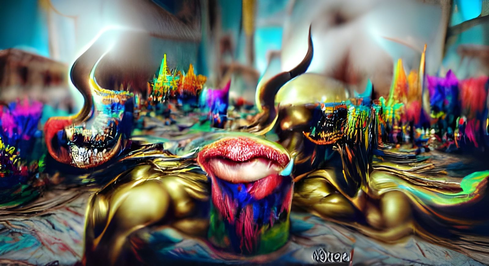Golden Lips Dripping Venom in a Psychedelic Landscape