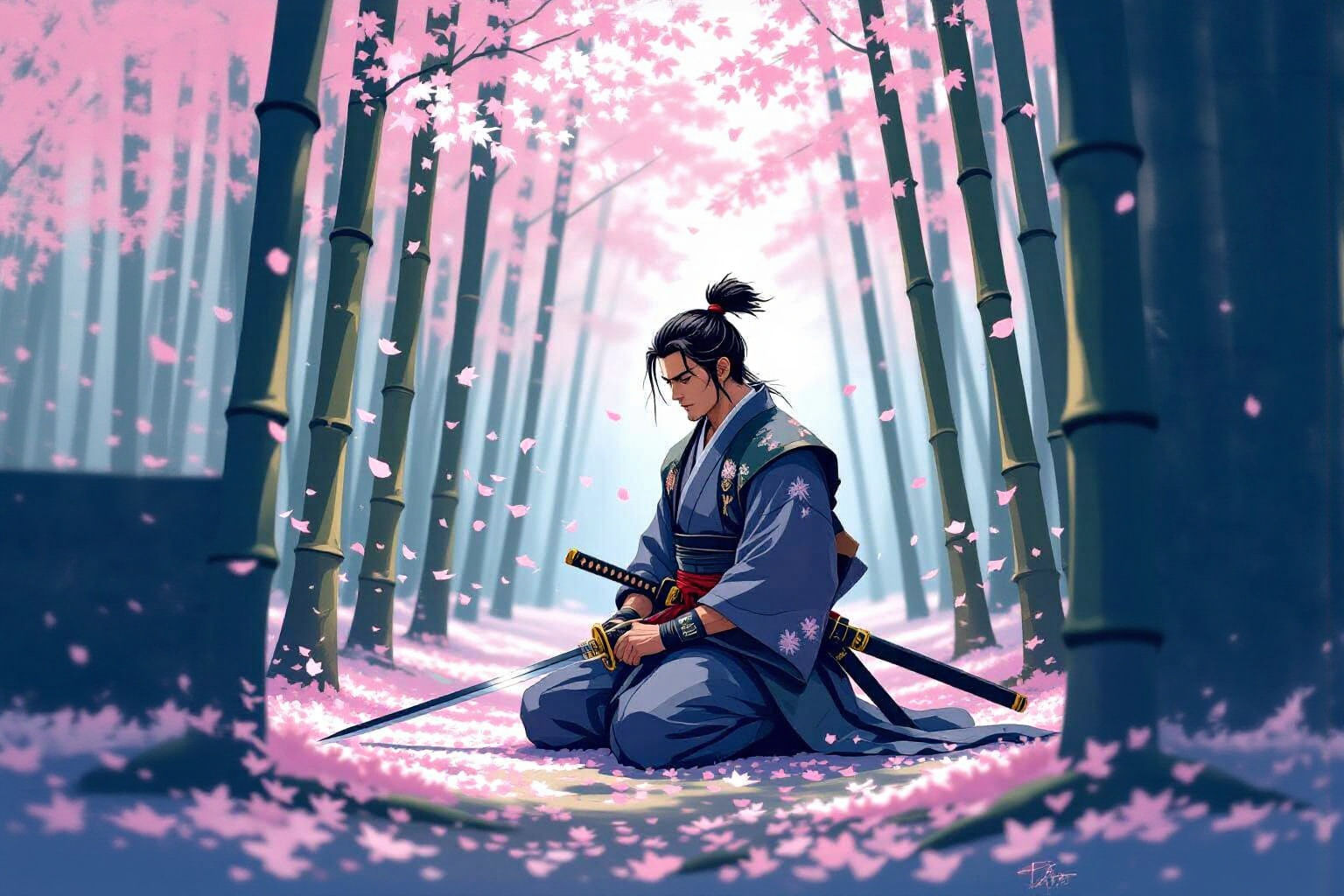 Samurai in Bamboo Forest with Blossoms