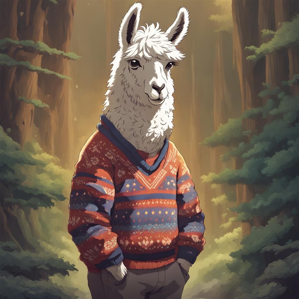 Stylish Llama in Peruvian Sweater, Anime Style