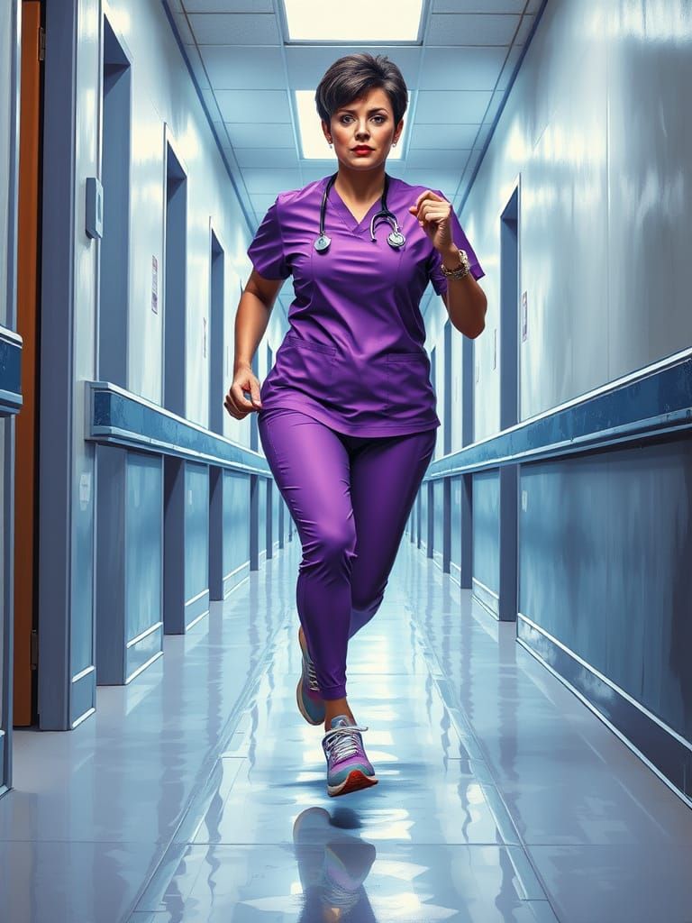 Determined Nurse Running to Save Life in Hyperrealistic Styl...