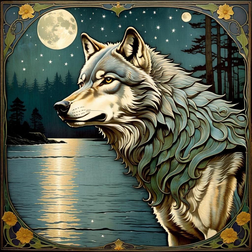 Art Nouveau wolf songs for the achenes that reflect moonligh...