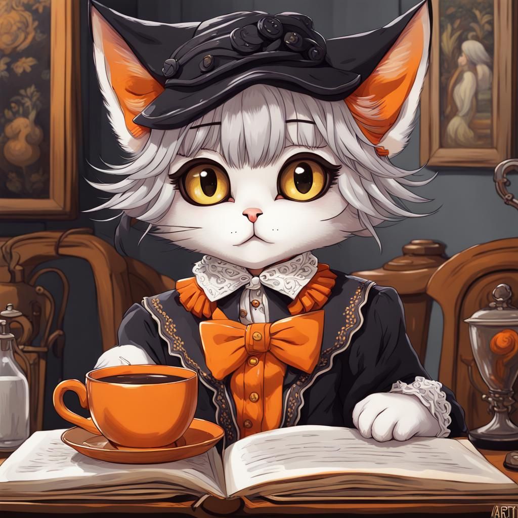 Anime Cat Girl Reading in Van Gogh Style