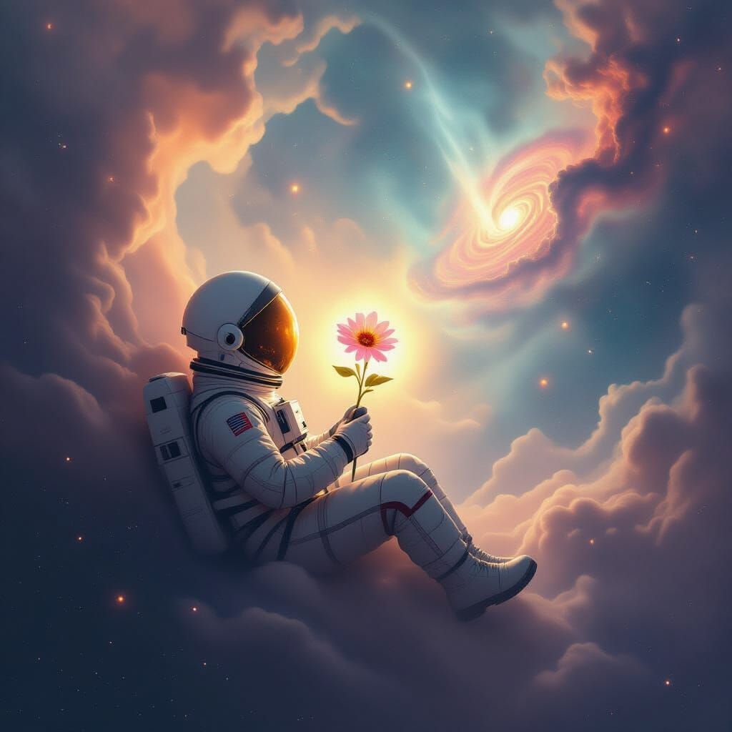 Astronaut Adrift in Cosmic Nebula Clutching Glowing Flower