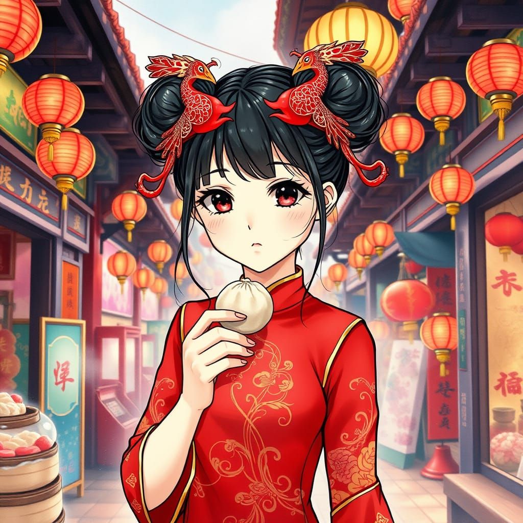 Anime-Inspired Chinese Girl in Traditional Marketplace