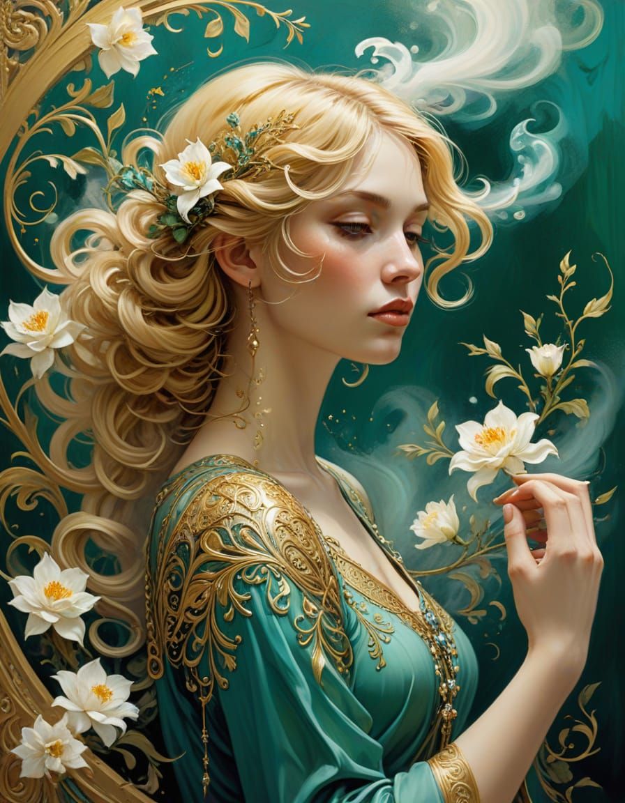 Surreal Art Nouveau Goddess in Elegant Art Deco Attire