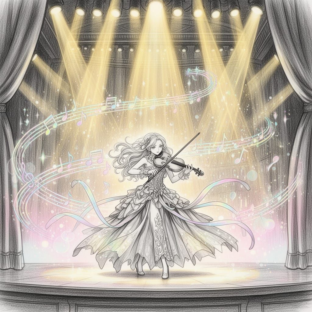 Anime Violinist Performing in Majestic Concert Hall