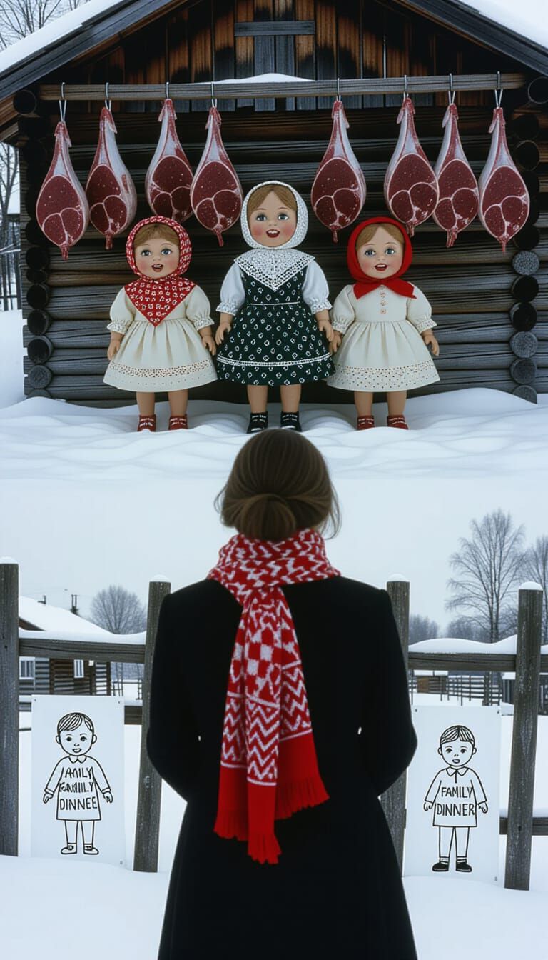 Disturbing Dolls in Dark Winter Landscape