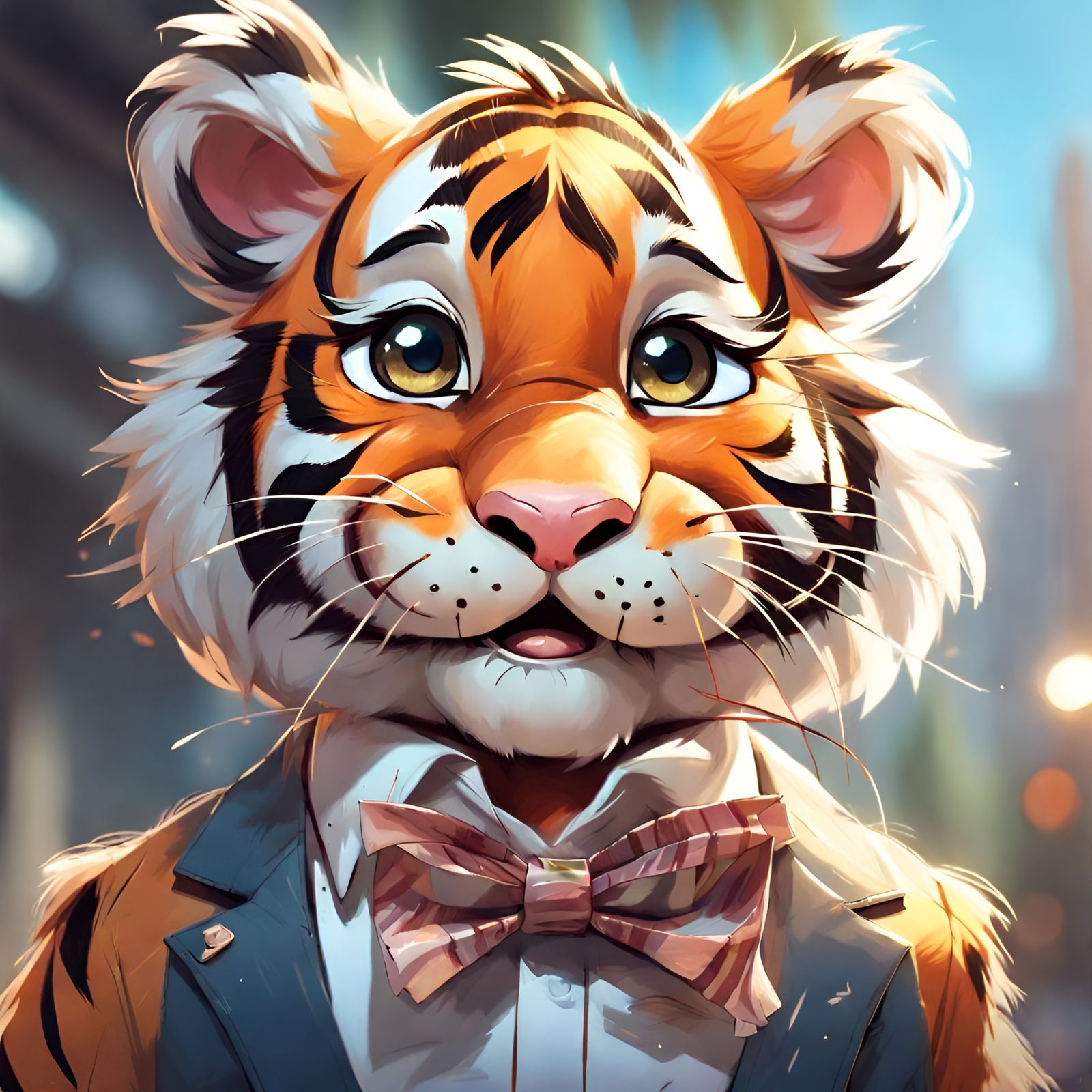 Cartoon Tiger Portrait with Bow Tie, Detailed Art