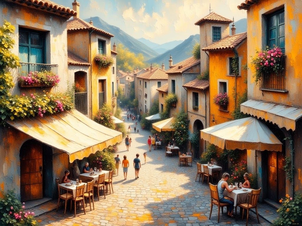 Charming European Village in Impressionistic Style