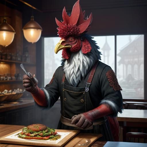 Human-Rooster Chef Hybrid in Restaurant: Detailed Matte Pain...