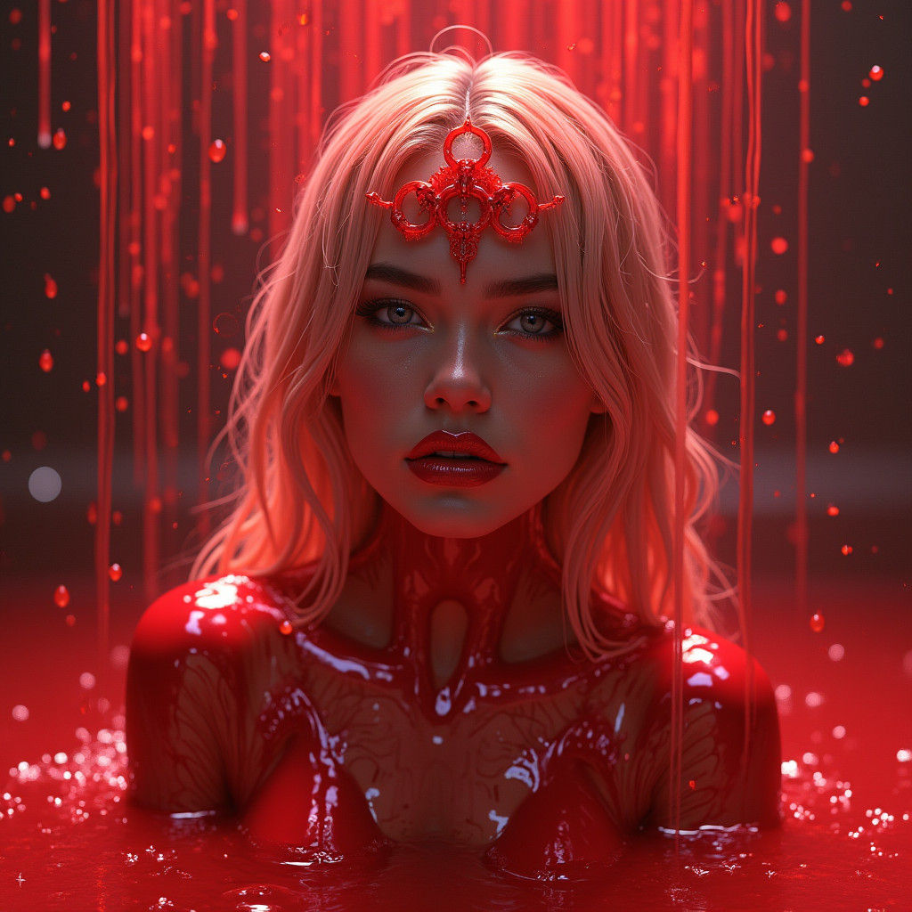 Ethereal Red Goddess in Sci-Fi Landscape