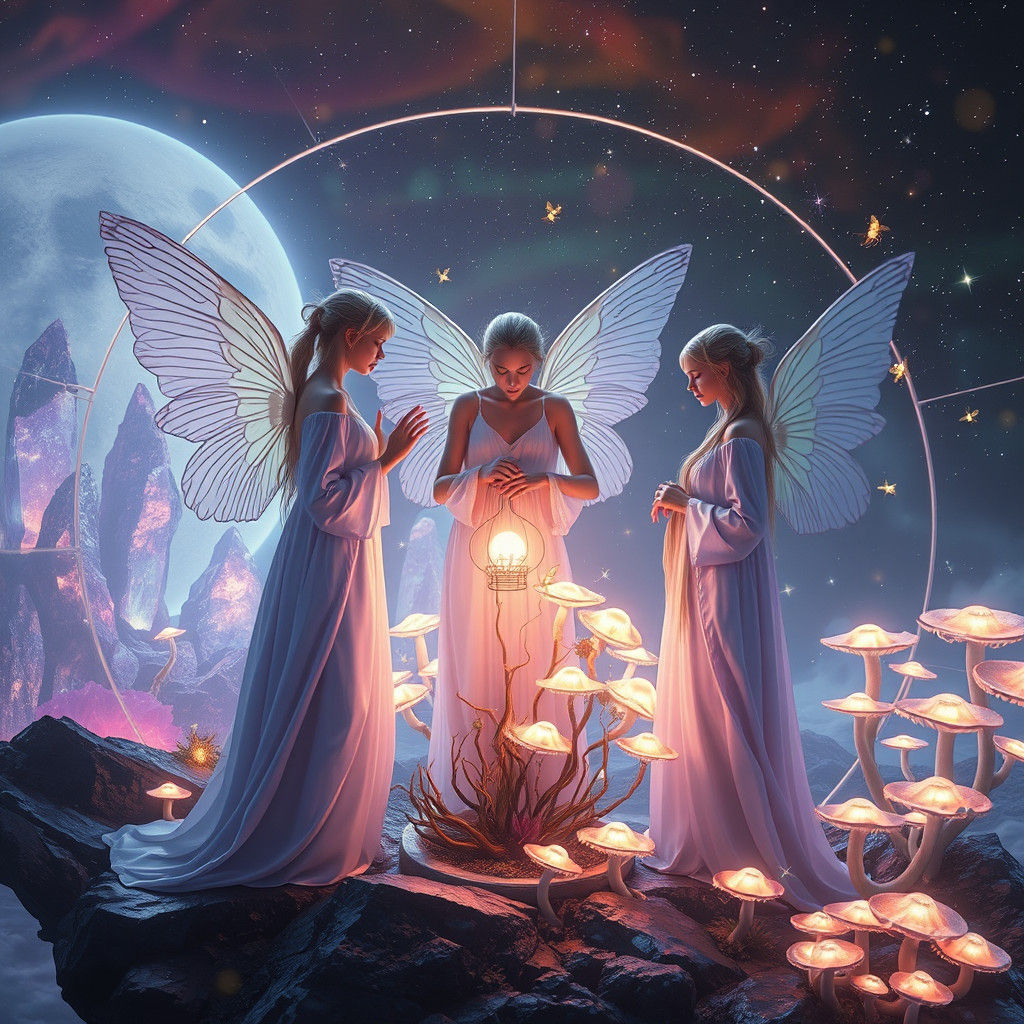 Ethereal Beings Nurturing Glowing Flora in Alien Landscape