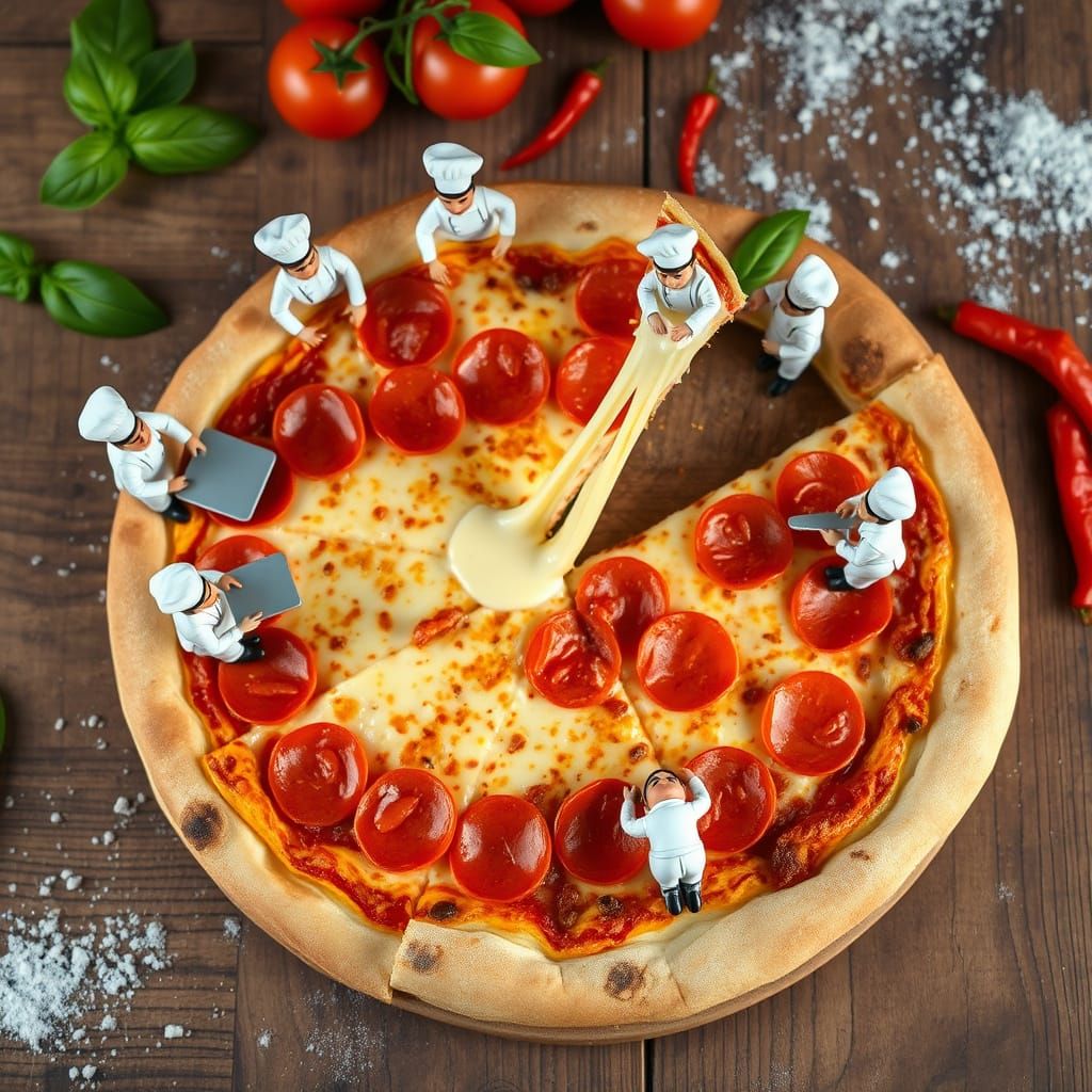 Whimsical Macro Photo of Tiny Chefs Making Pizza