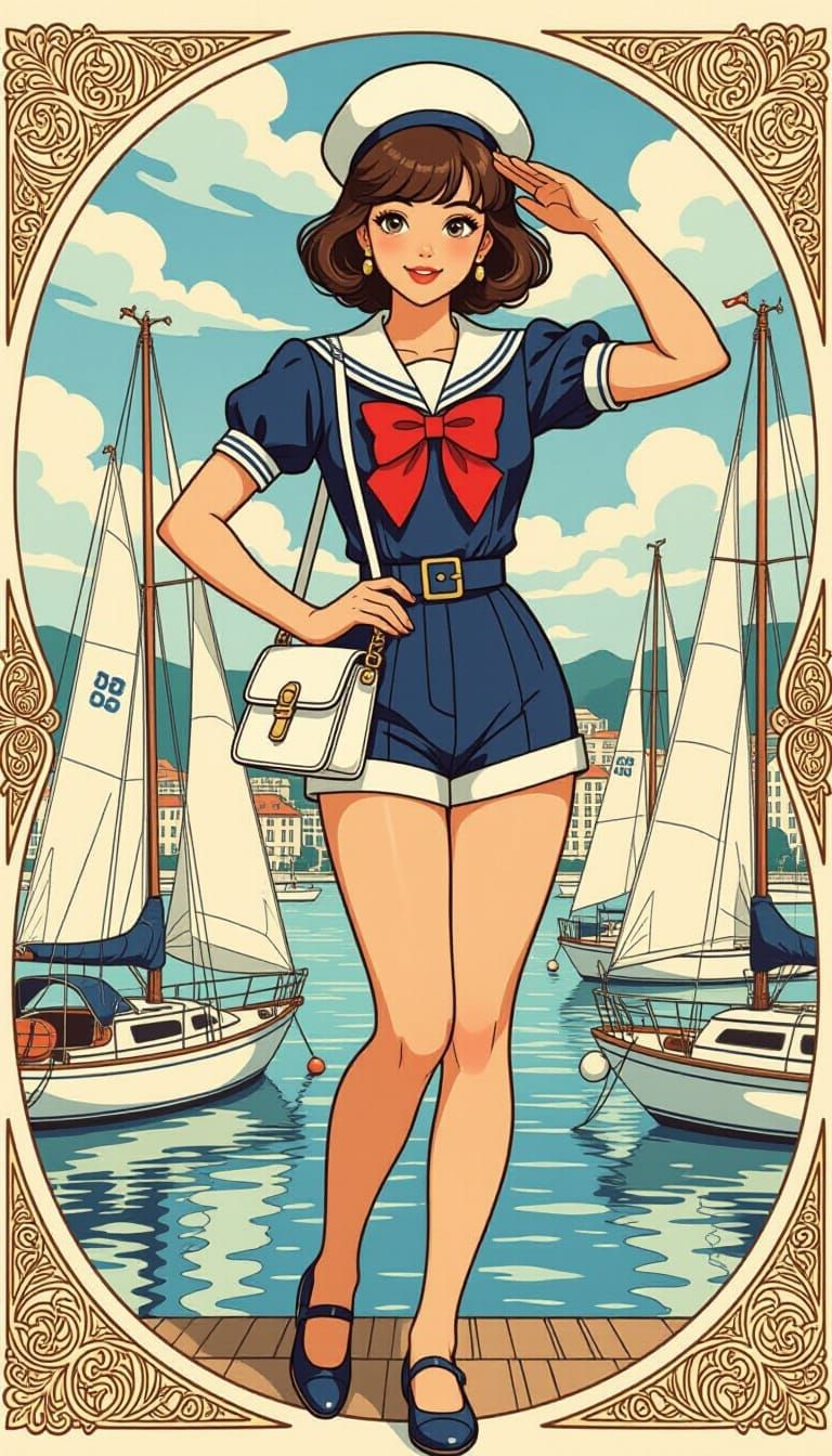 Japanese Woman in Sailor Outfit, Colored Pencil Sketch