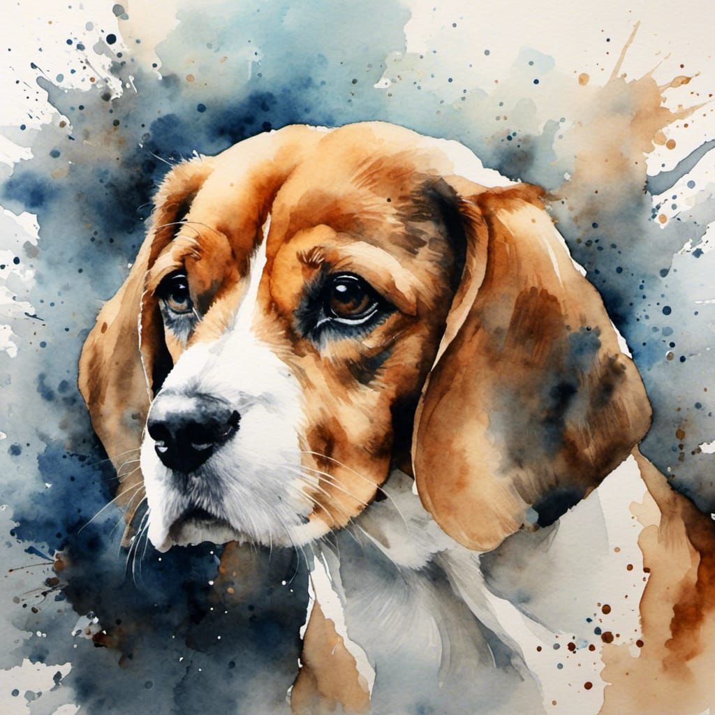 Watercolor Portrait of Expressive Beagle Puppy