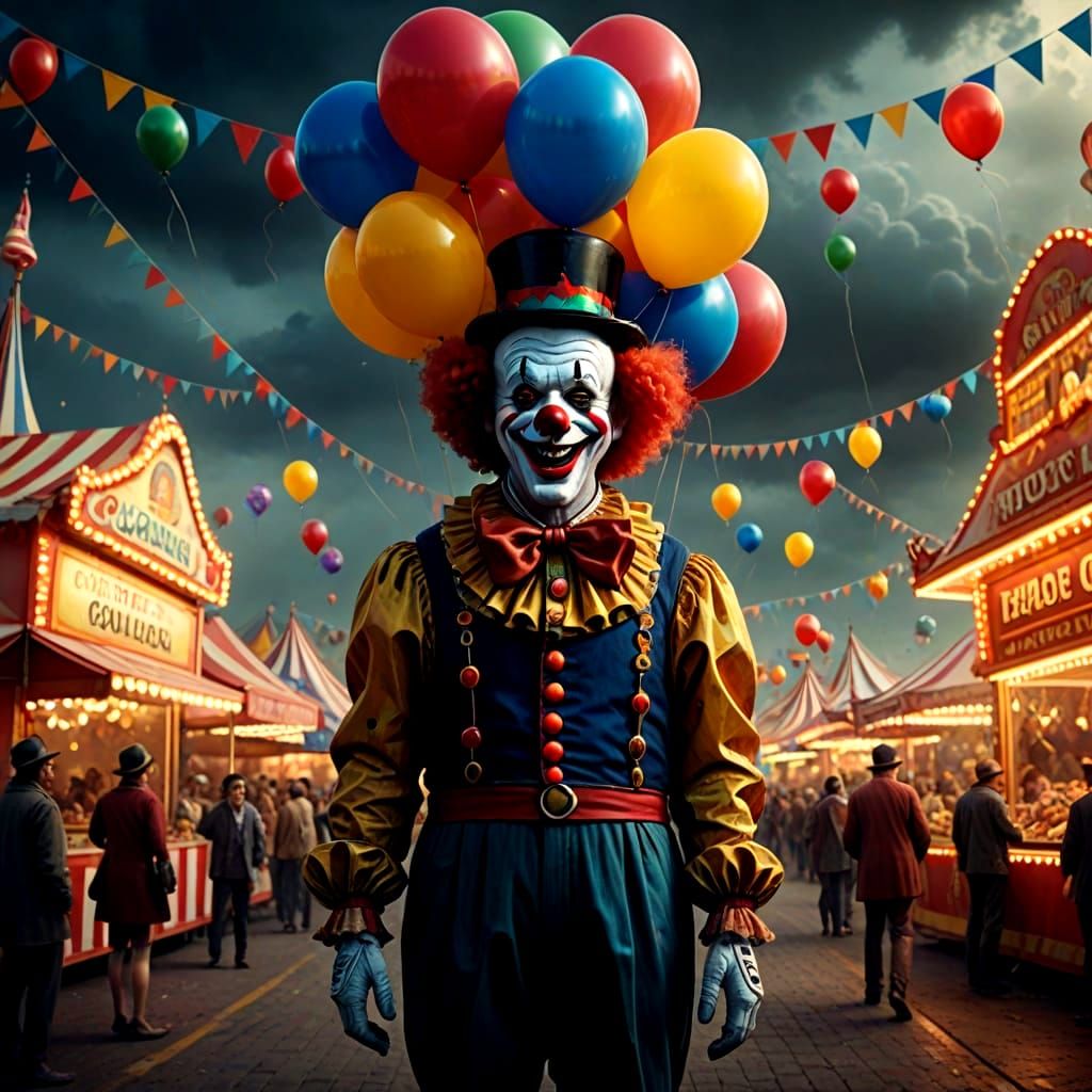 Jolly Clown Selling Balloons at Carnival