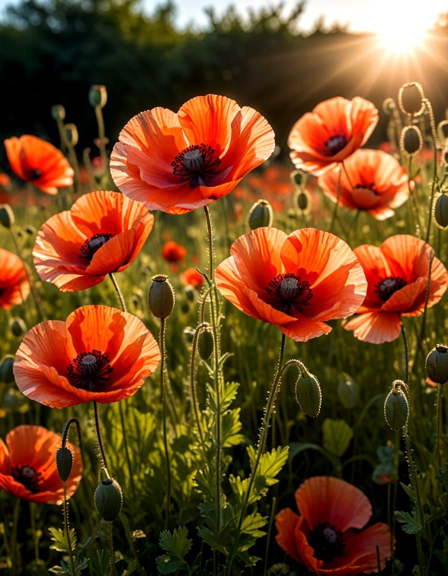 Translucent Red Poppies Bathed in Sunlight