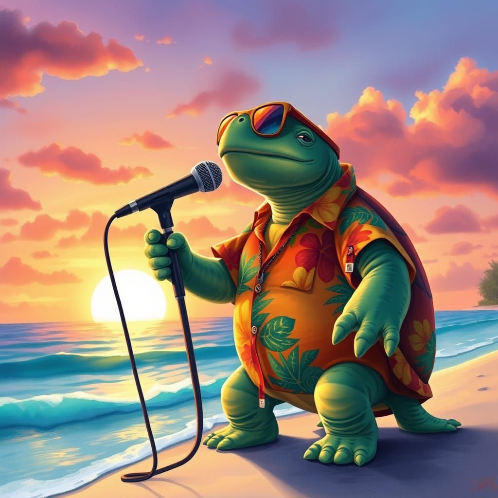 Singing Turtle on Beach in Digital Watercolor