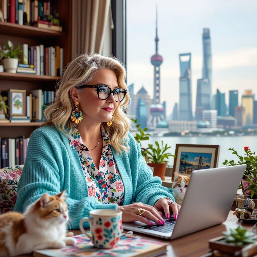 Woman Working in Study with Shanghai Skyline at Sunset
