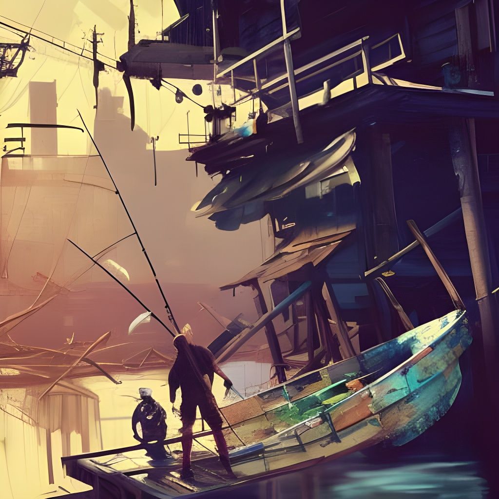 Post-Apocalyptic Fisherman at Dock: Steampunk Fantasy Art