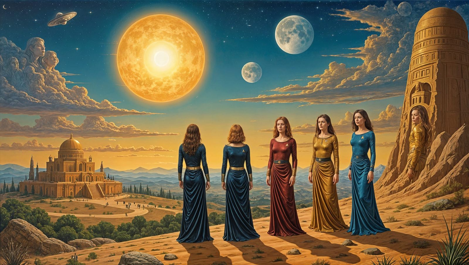 Pre Raphaelite Away Team in Bronze Age Landscape