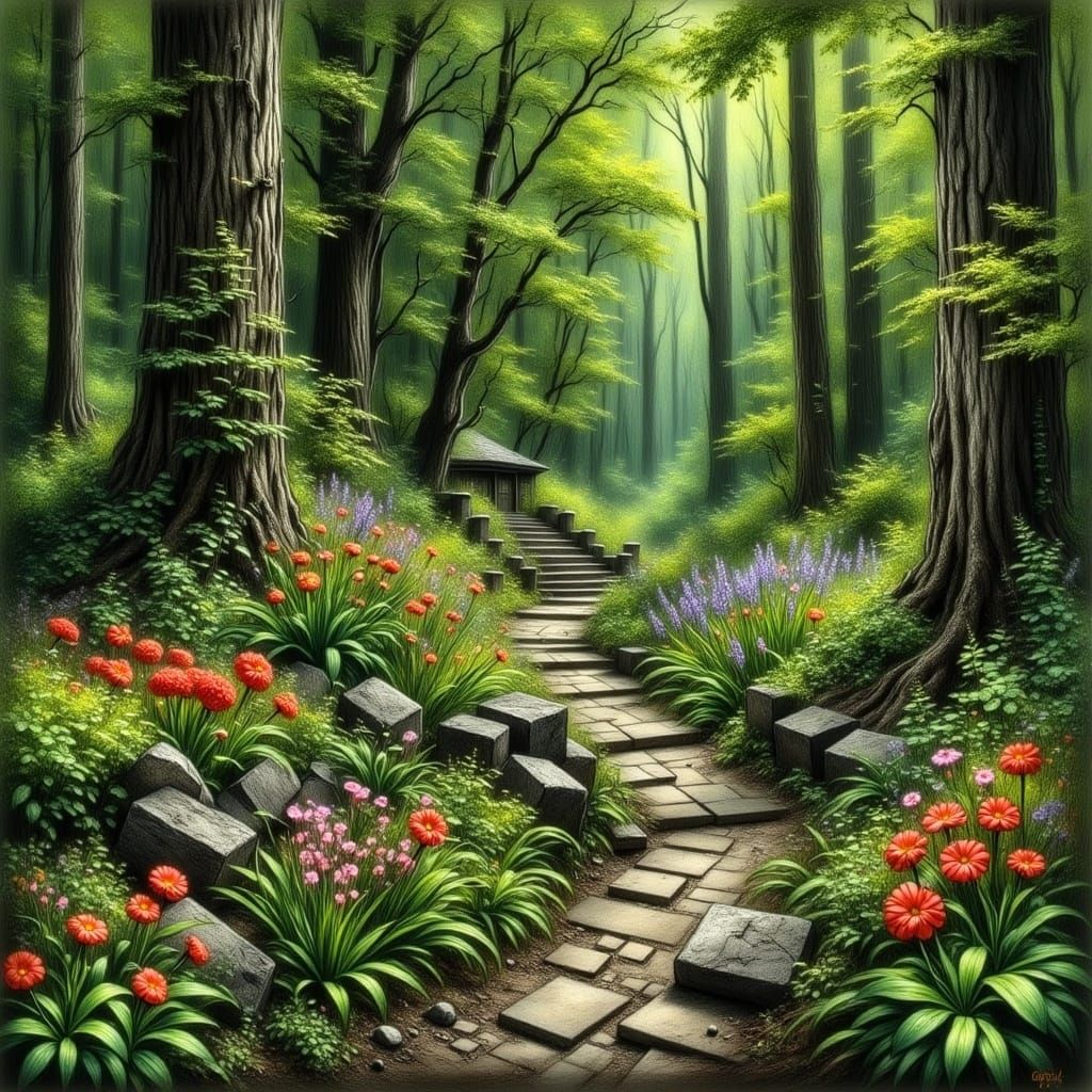 Lush Forest with Cobblestone Path and Colorful Flora
