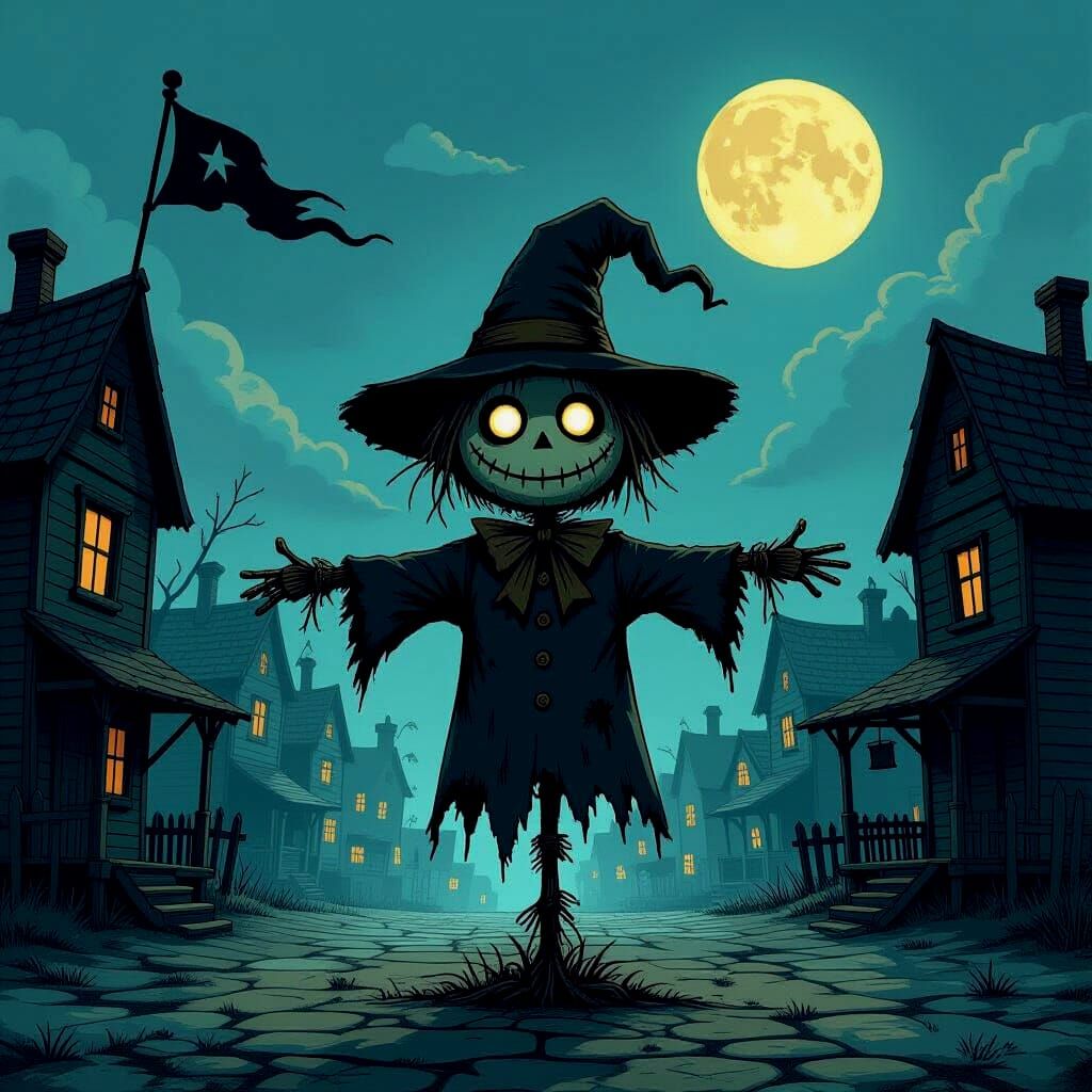Eerie Halloween Scarecrow in Moonlit Village Square