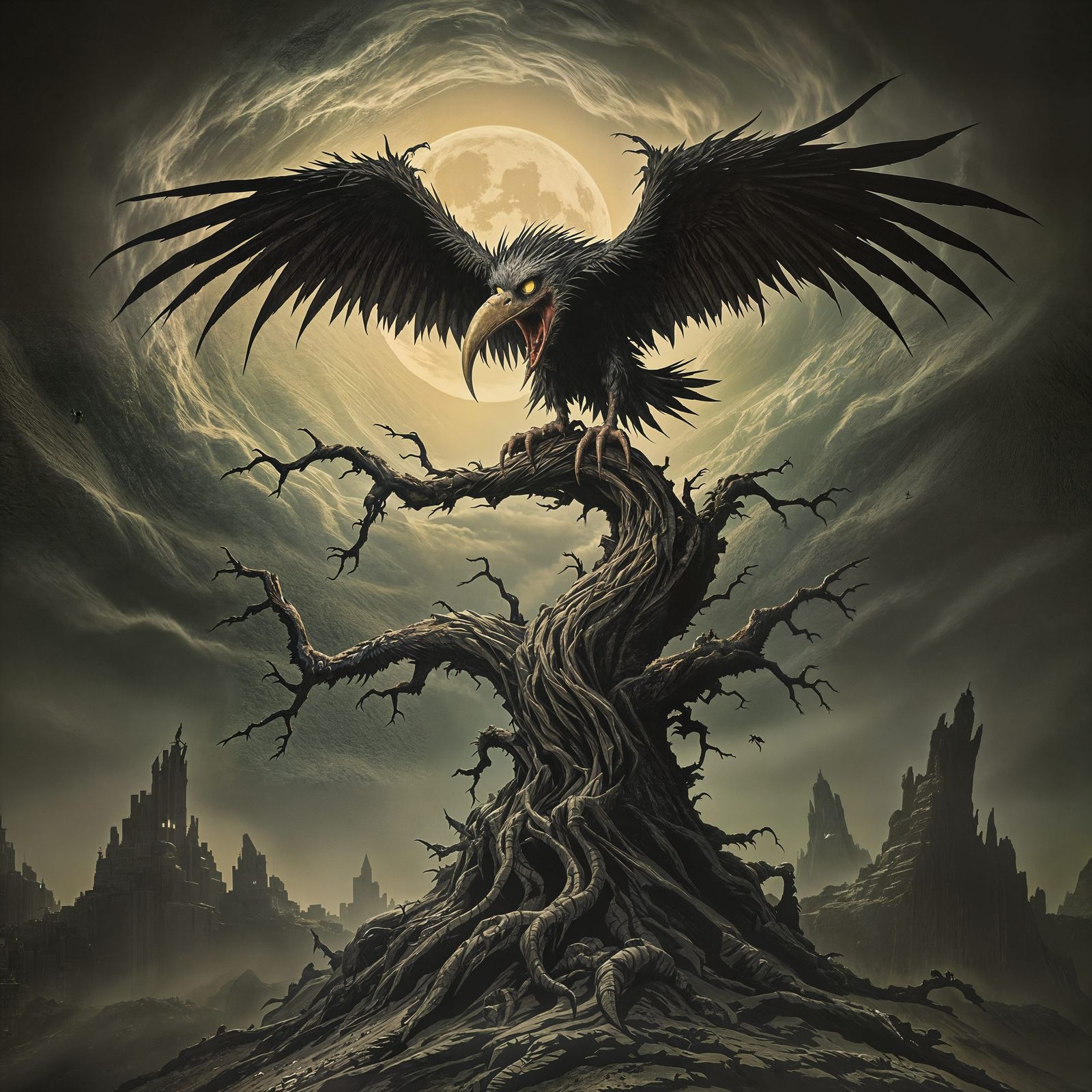 Surreal Vulture Perched on Ancient Tree in Ominous Sky