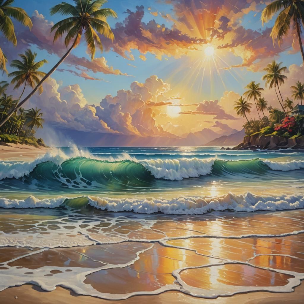 Vibrant Rainbow Reflects in Tropical Surf Wave