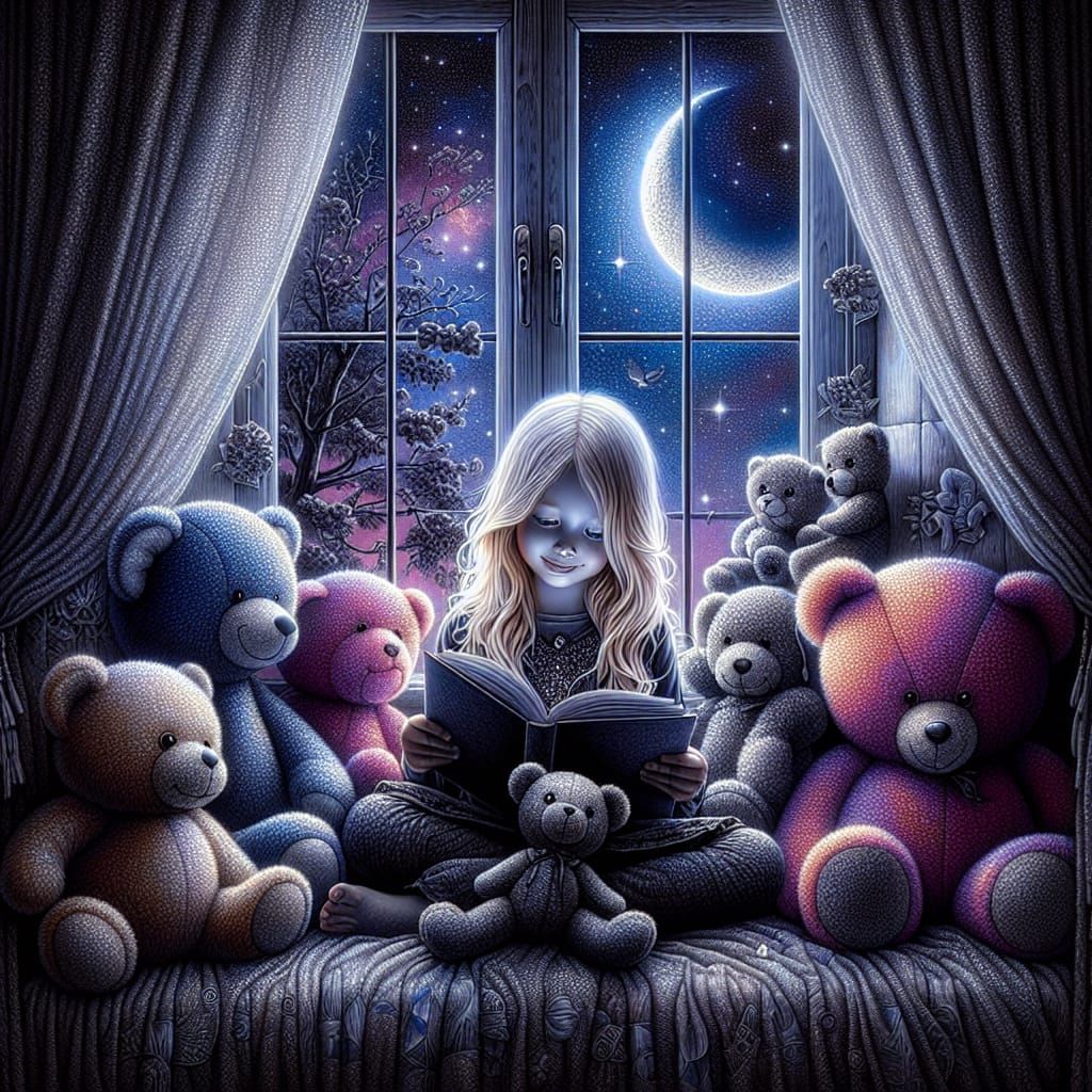 Enchanting Bedroom Scene with Girl Reading to Toys