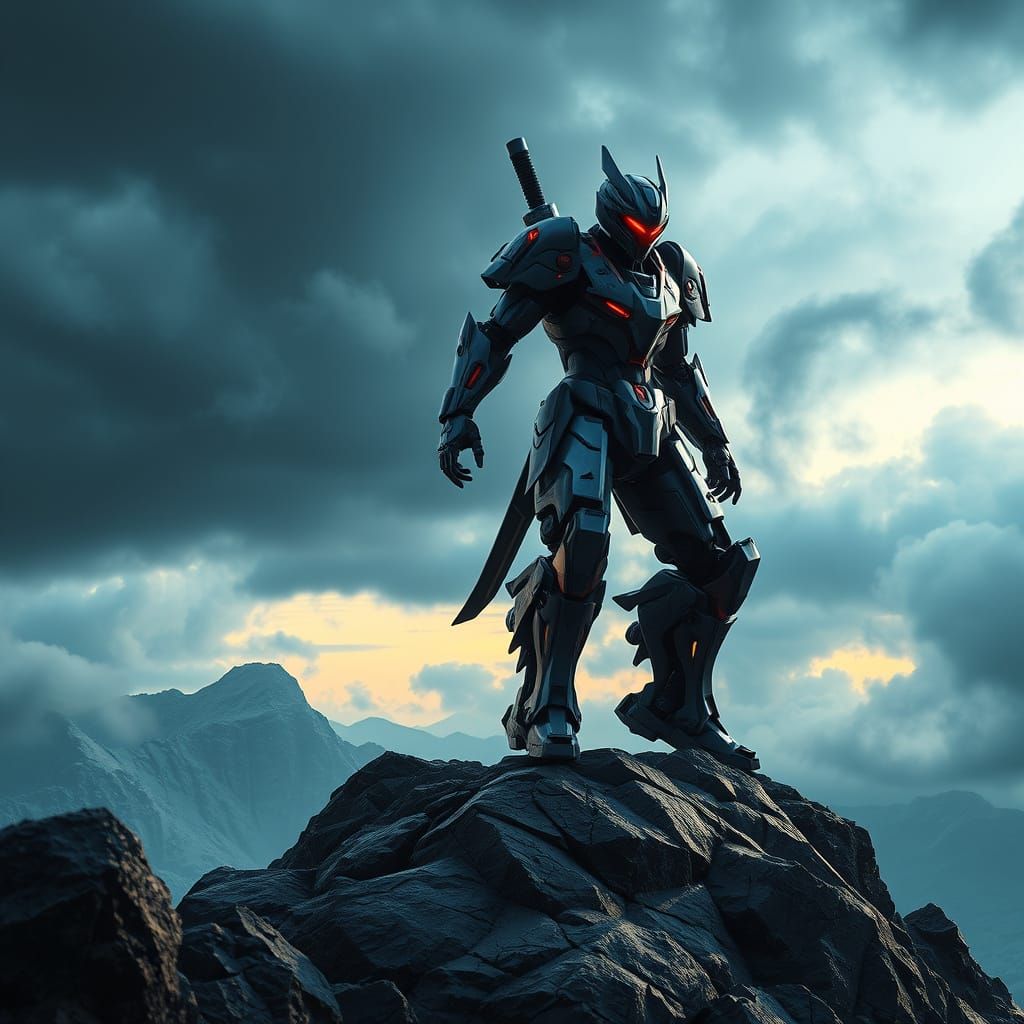 Mech Warrior on Mountain Peak in Sci-Fi Style