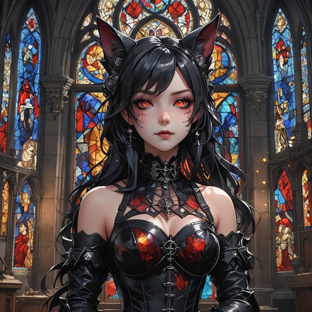 Gothic Anime Cat Girl in Abandoned Church