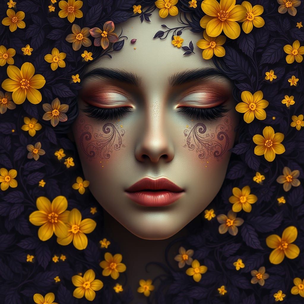 Serene Woman's Face in Art Nouveau Style with Floral Pattern...