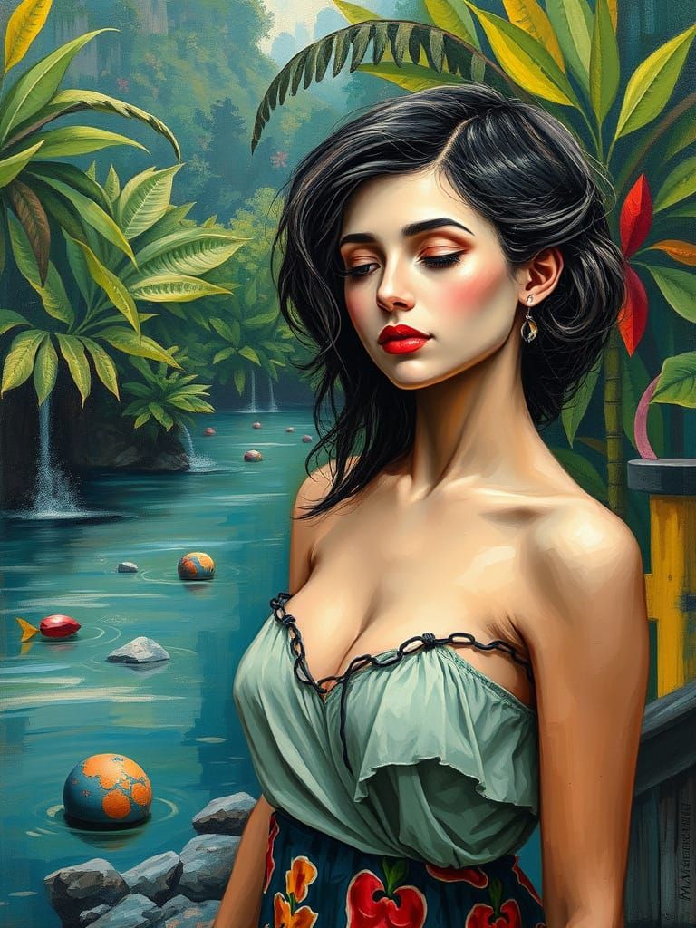 Whimsical Woman Lost in Thought by a Serene South American R...