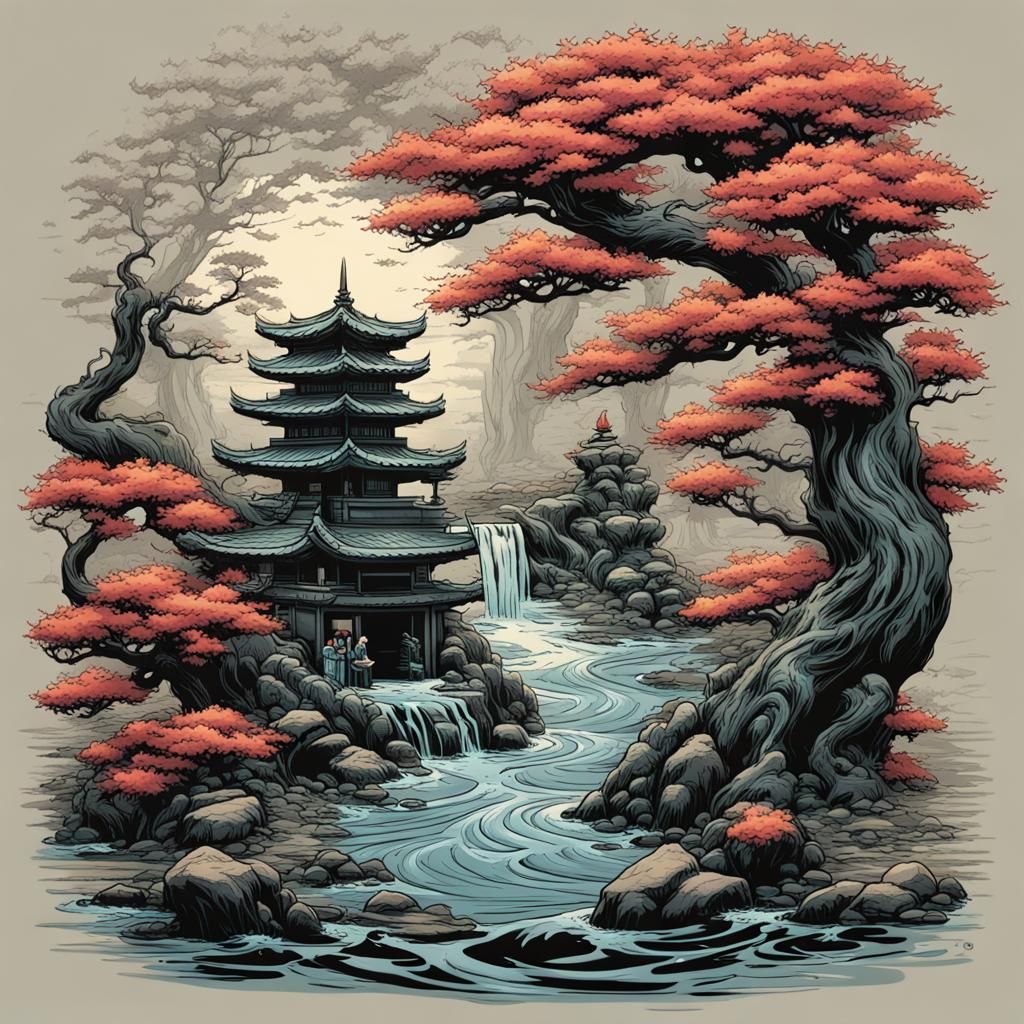 Bonsai and Koi T-Shirt Design in Comic Book Style
