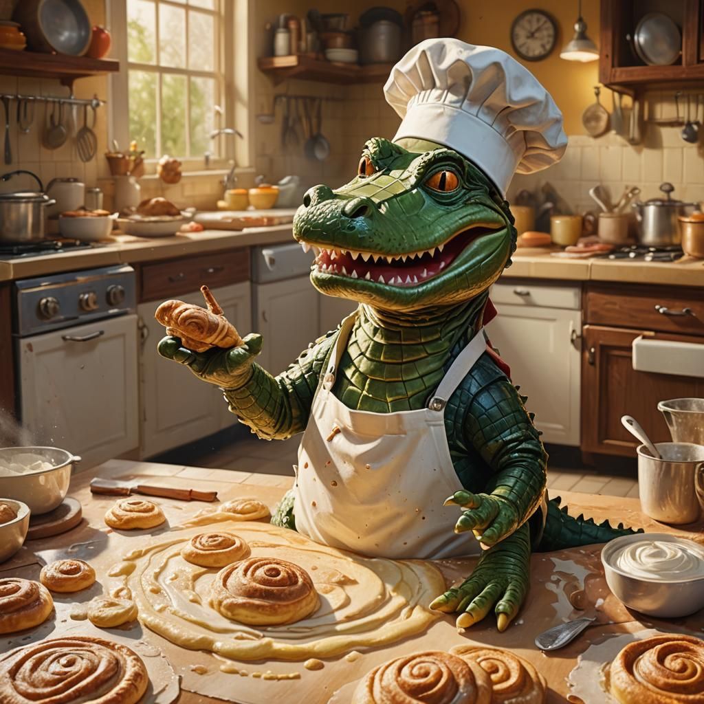 Catholic Alligator Baking Cinnamon Rolls: Hyperrealistic Art