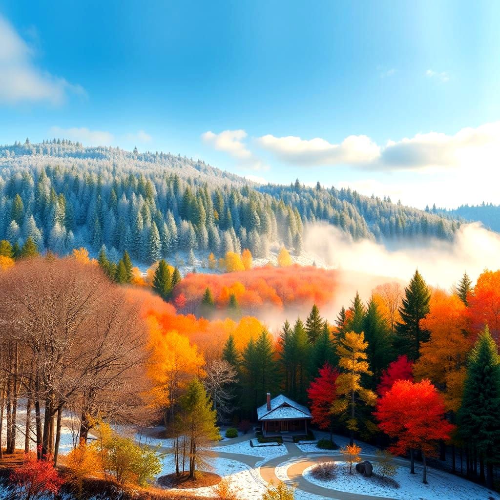 Panoramic Seasons Landscape with Constant Cabin