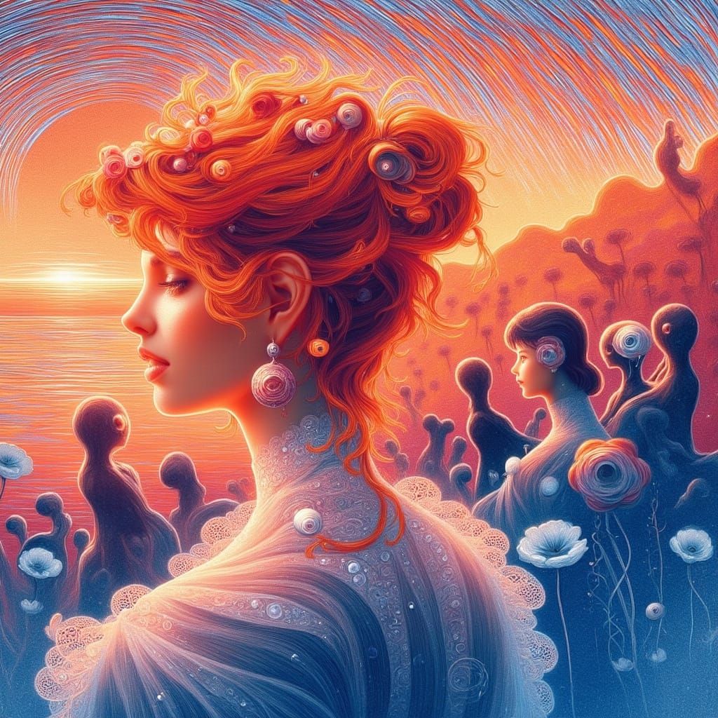 Victorian Woman in Surreal Abstract Landscape