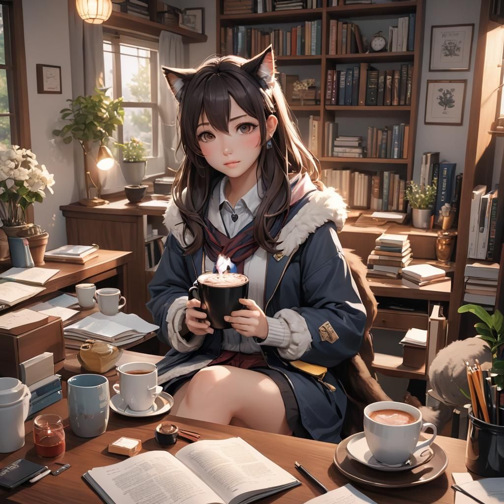 Cozy Anime Study Session with Cat and Hot Chocolate